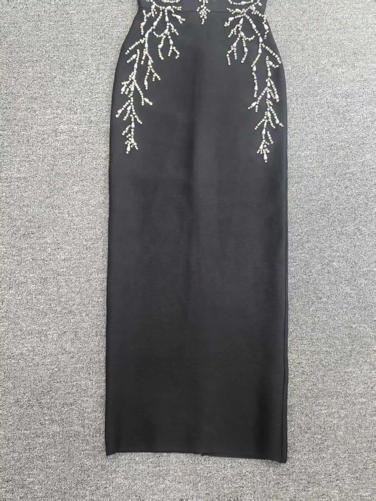 Women's Black Bandage Strap Gown with Sheer Mesh Cutout Crystal Bead Embroidery Thigh High Slit Formal Evening Dress​