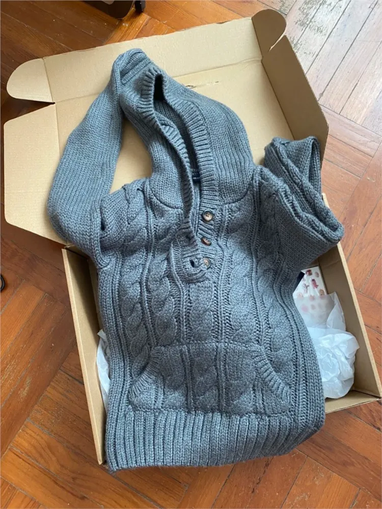 

Винтажный карманный свитер с цветочным принтом, женский осенний свитер на пуговицах, тонкая вязаная толстовка с капюшоном и длинными рукавами, простые базовые свитера, новинка