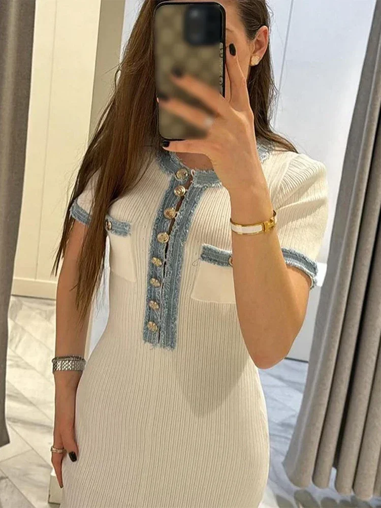 Elegant Contrast Color Single Breasted Knit Dress Women Chic O-neck Short Sleeved Pocket Slim Dresses 2024 New Lady Street Robes