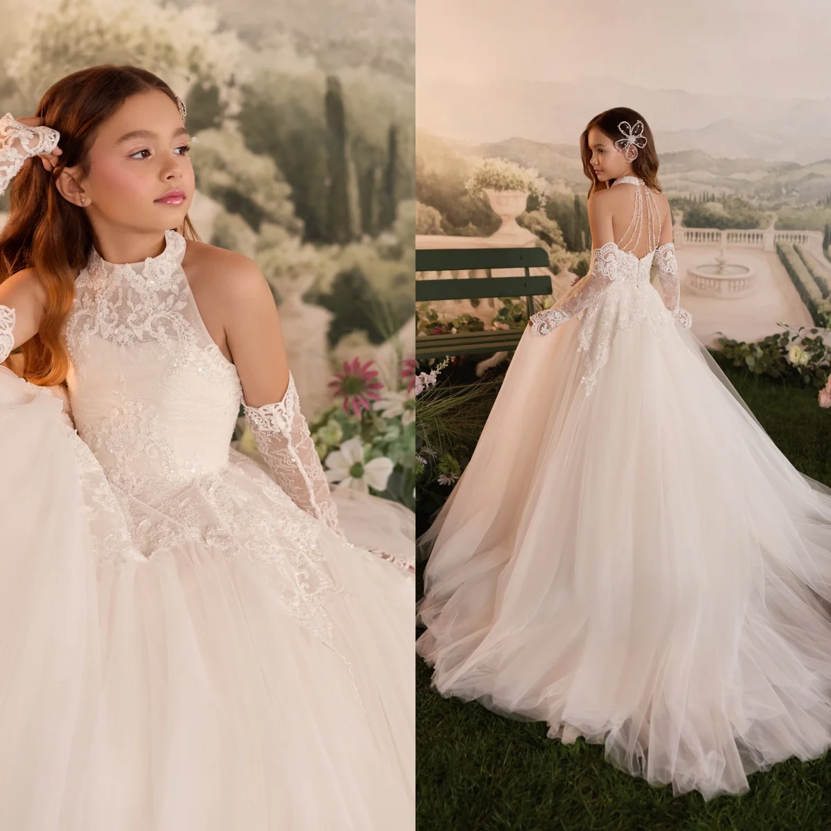 Customized White Flower Girl Dresses for Wedding with Trail Lace Appliques Elegant First Communion Birthday Party Ball Gowns