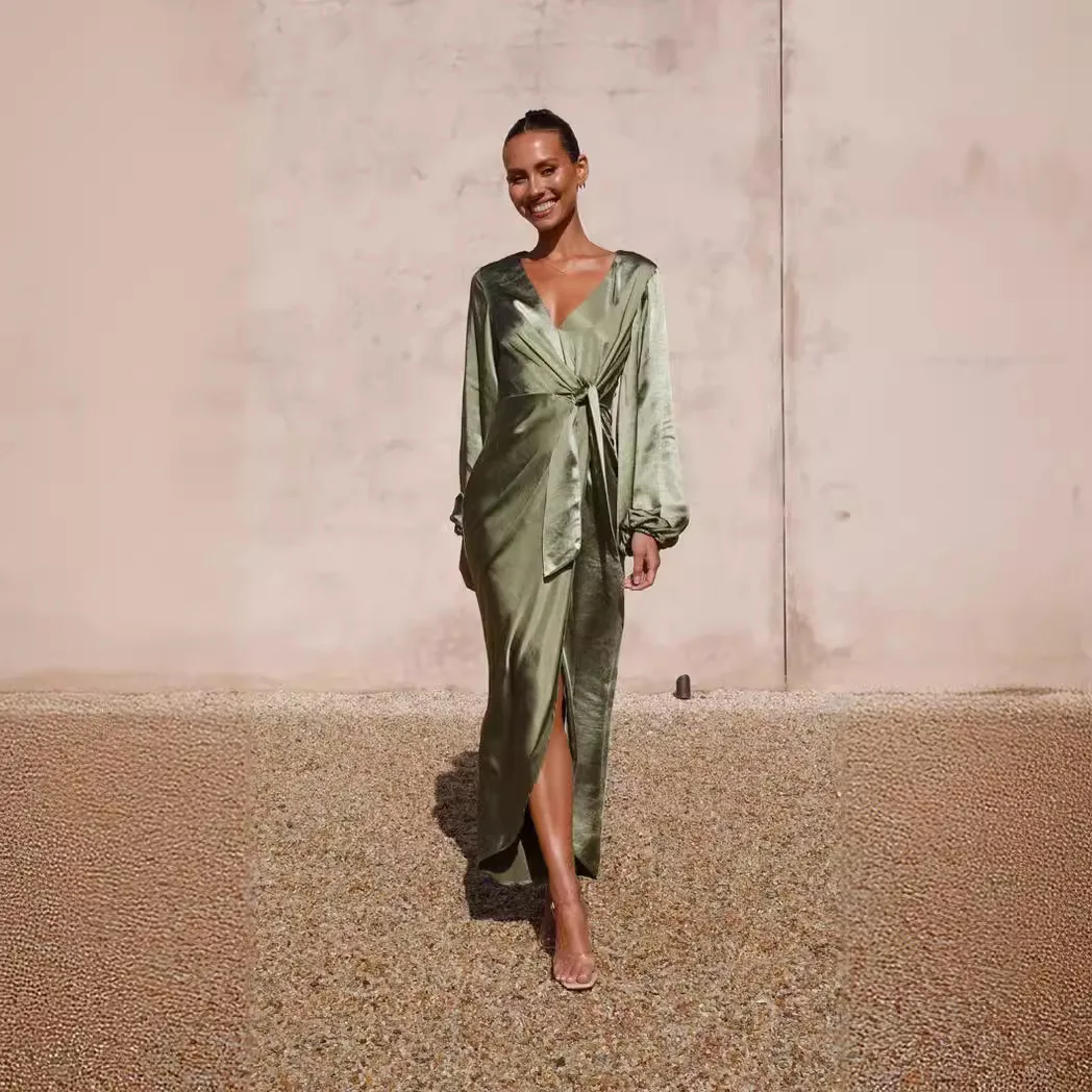 2025 Zomer sexy V-hals taille-kalkende stropdas satijnen lantaarnmouwen jurk - 23126