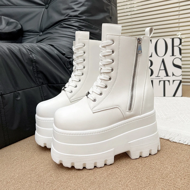 

Women 13 CM Platform Boots Casual Outdoor Shoes Chunky Simple Lace Up Design Ankle Boots Cool Nightclub Party Black Shoes 35-43