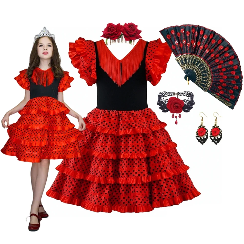 Girls Flamenco Dance Dress Red Black Polka Dot Tiered Cake Skirt Ruffle Sleeve Fringe For Stage Performance Carnival Party