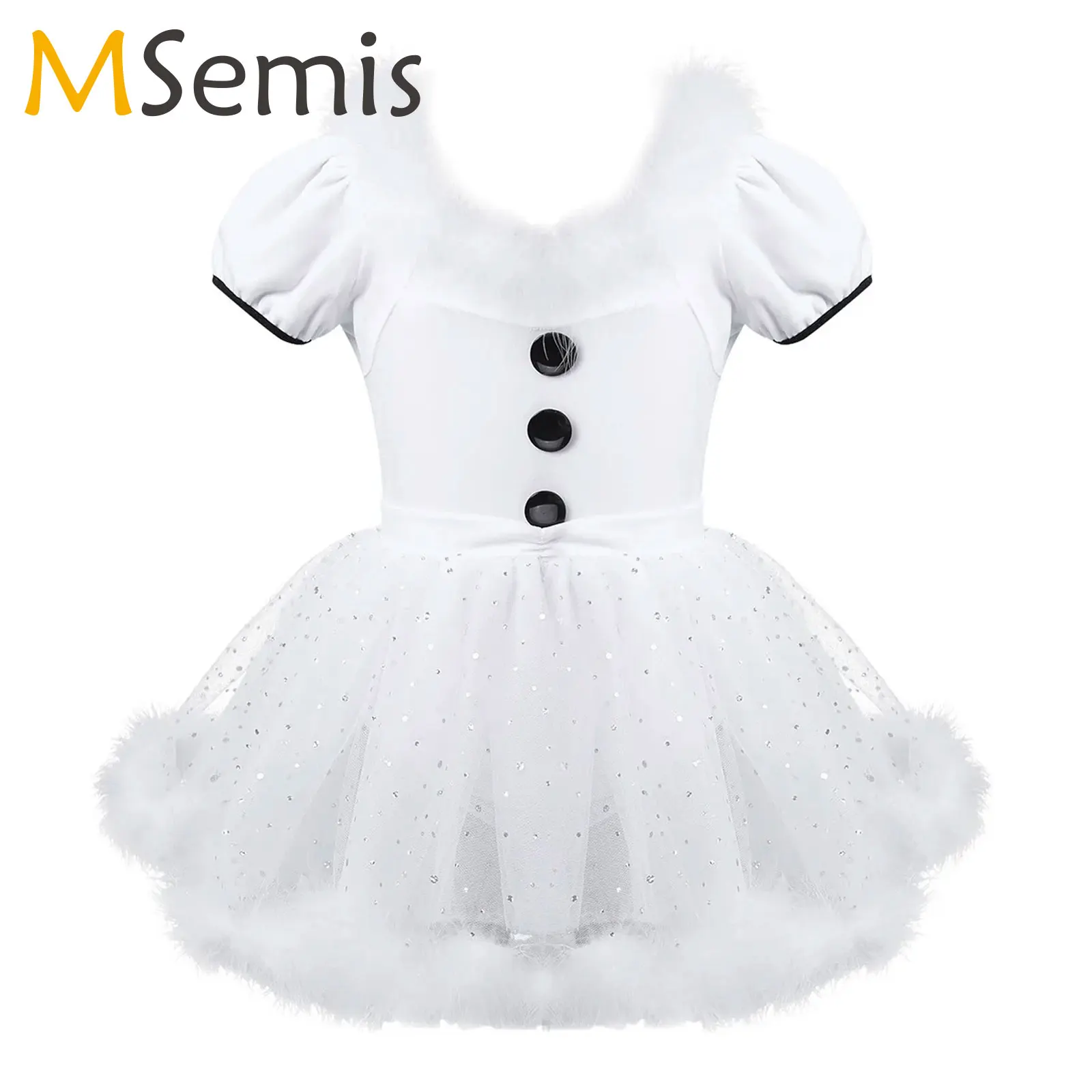 Kids Girls Tutu Ballet Dress Christmas White Feather Swan Dance Costume Short Sleeve Sequins Fluffys Mesh Figure Skating Leotard