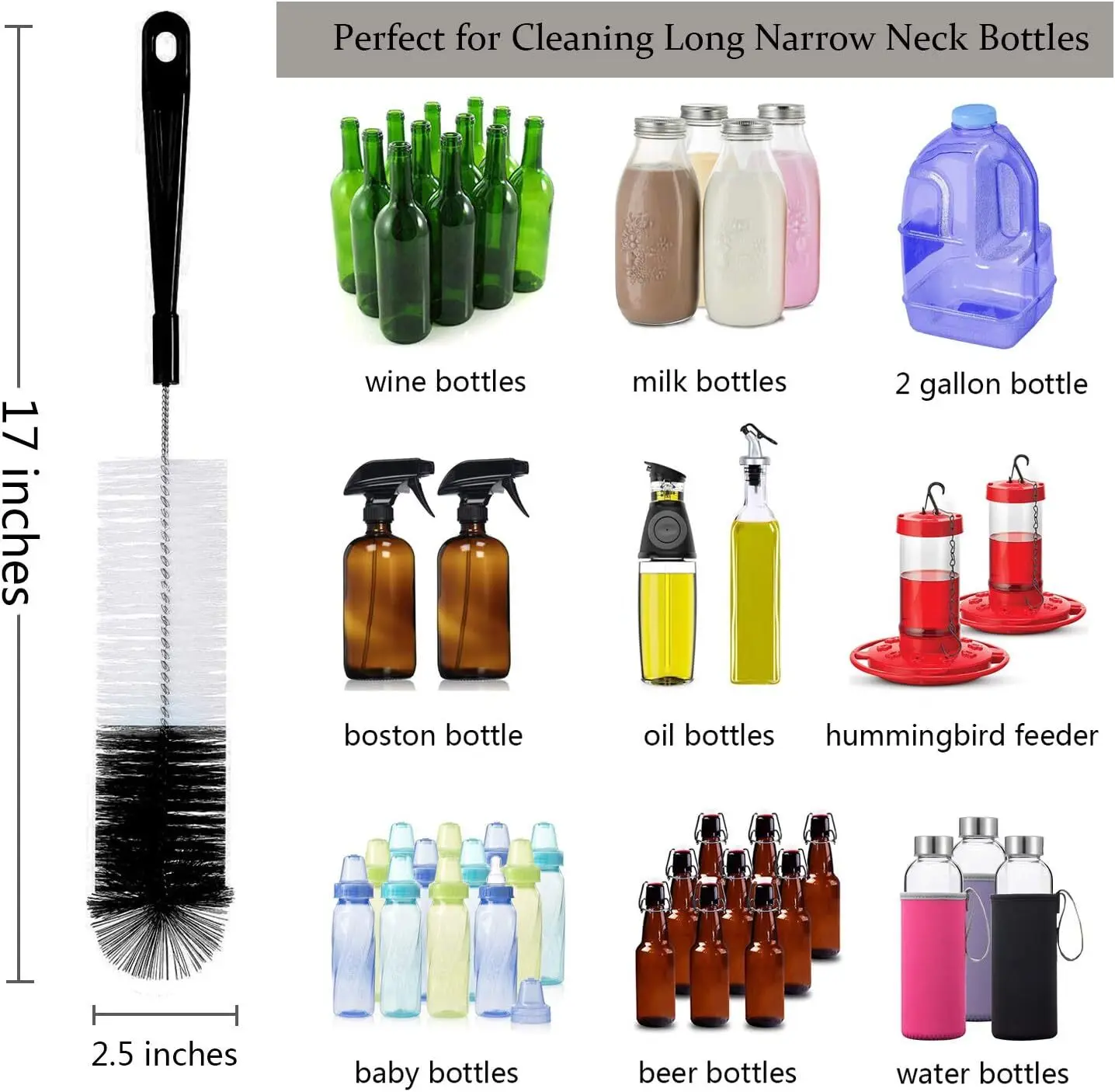 8-Pack Bottle Cleaning Brush Set - Long Handle Black Bottle Cleaner for Washing