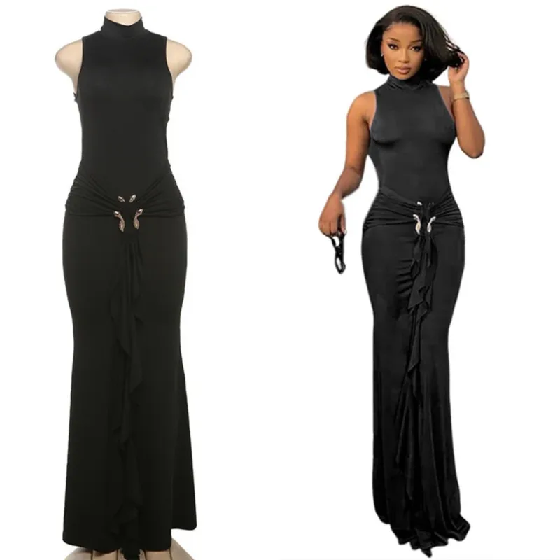 

Summer Elegant Long Dress For Women Sleeveless Turtleneck Bodycon Design With Ribbon And Metal Waist Detail Party Banquet Look