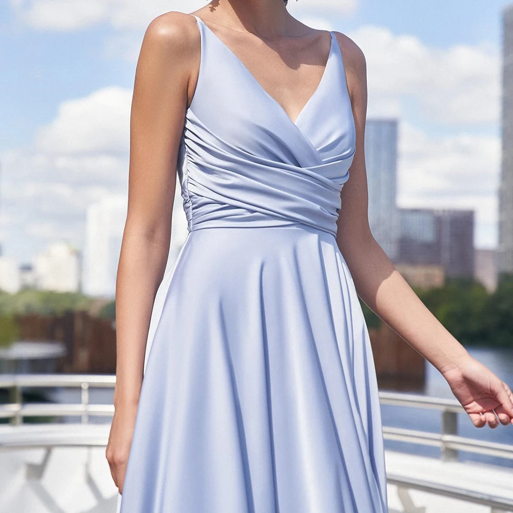 Personalizado a linha vestidos de noite tornozelo-comprimento com decote em v sem mangas vestido de baile moda plissado lado split simples drapeado vestido de festa