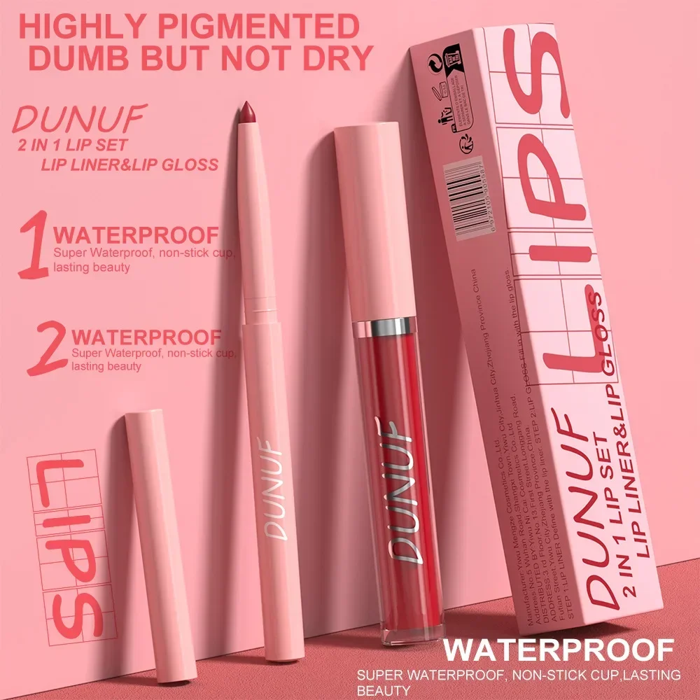 DUNUF 2 IN 1 ลิปสติก Lipliner ชุดปากกา Matte Nude Lip Liner ดินสอกันน้ําลิปสติกติดทนนานปากกา Contour แต่งหน้าสําหรับผู้หญิง