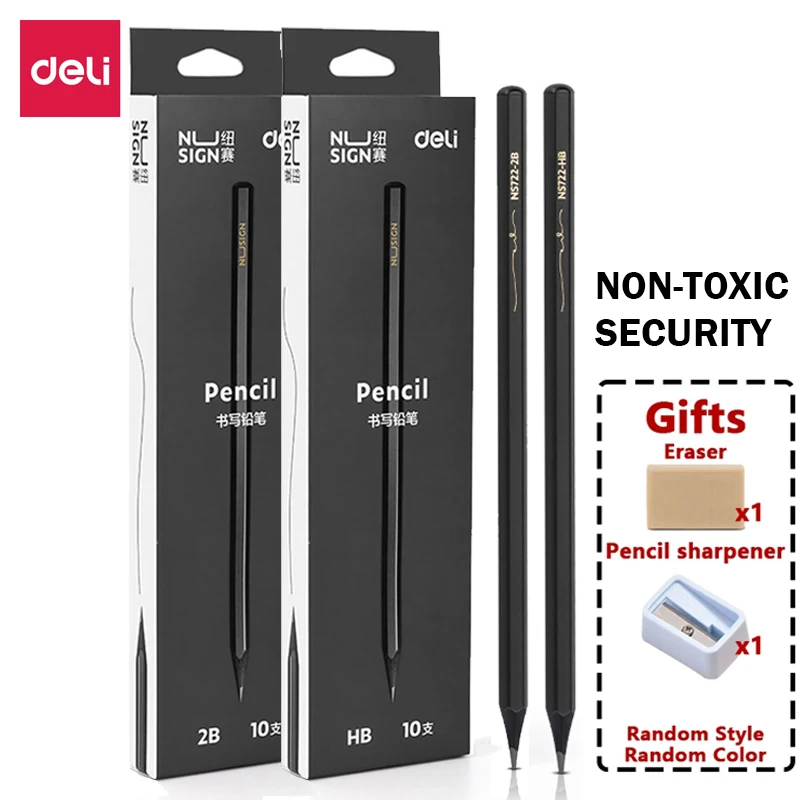 1-5SET Deli Black Wood Graphite Pencil Set 2B HB Free Eraser/Pencil Sharpener Non-toxic Writing Pencils Office School Stationery