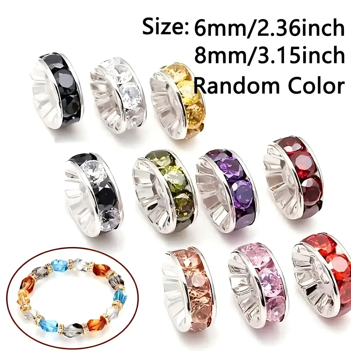 100pcs 6/8mm Random Mixed Color Rondelle Loose Beads Inlaid Rhinestones Spacer For DlY Bracelet Necklace Jewelry Accessories