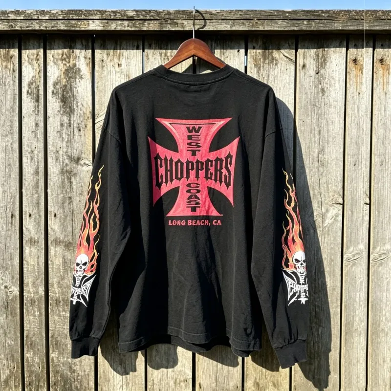 Red Cross Sanskrit Letter Crackle Print Flame Skull Long Sleeve American Street West Coast Choppers Tshirts Men Women Streetwear
