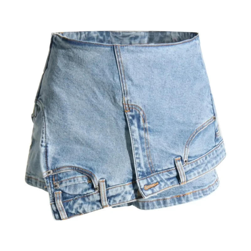 Street Hipster Crop Culottes Short Jeans Shorts Denim Women 2023 Autumn Irregular Mid-waist Solid High Street Europe and America
