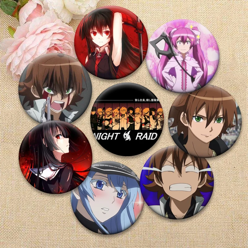 

Akame Ga Kill Anime Brooches Round Manga Badge for Backpack Clothes Accessories Tatsumi,Akame,Mine Cartoon Pins Jewelry Gifts