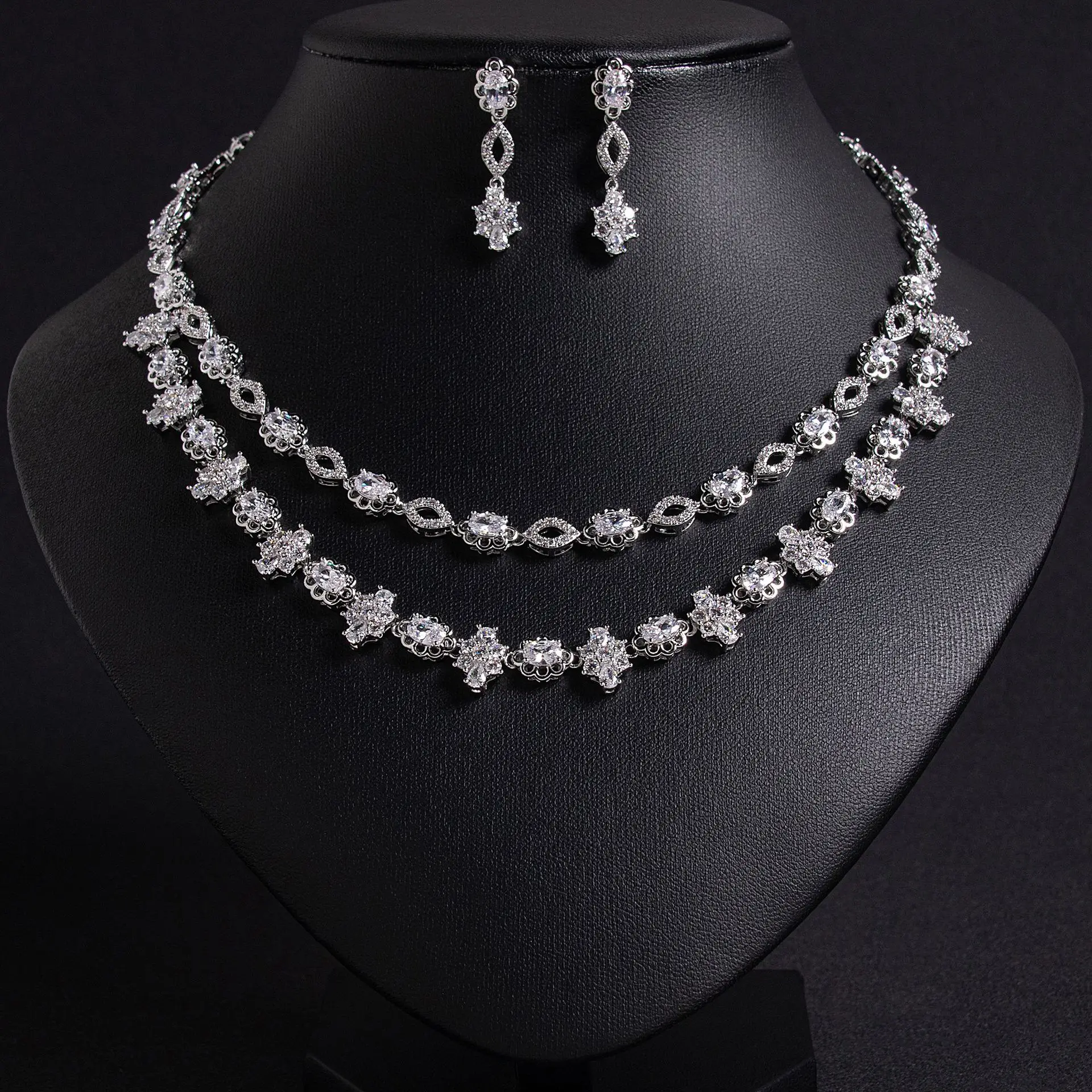 HIBRIDE Korean Niche 2 Layers Necklace Jewellery Accessories Cubic Zirconia Women Earrings Set for Easter Party Dating S-431