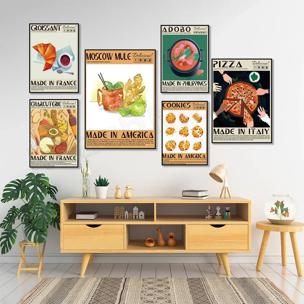 Gourmet taco, Japanese noodle soup, donut, burger, bibimbap, pizza, croissant, sushi, Moscow mule, dessert kitchen canvas poster