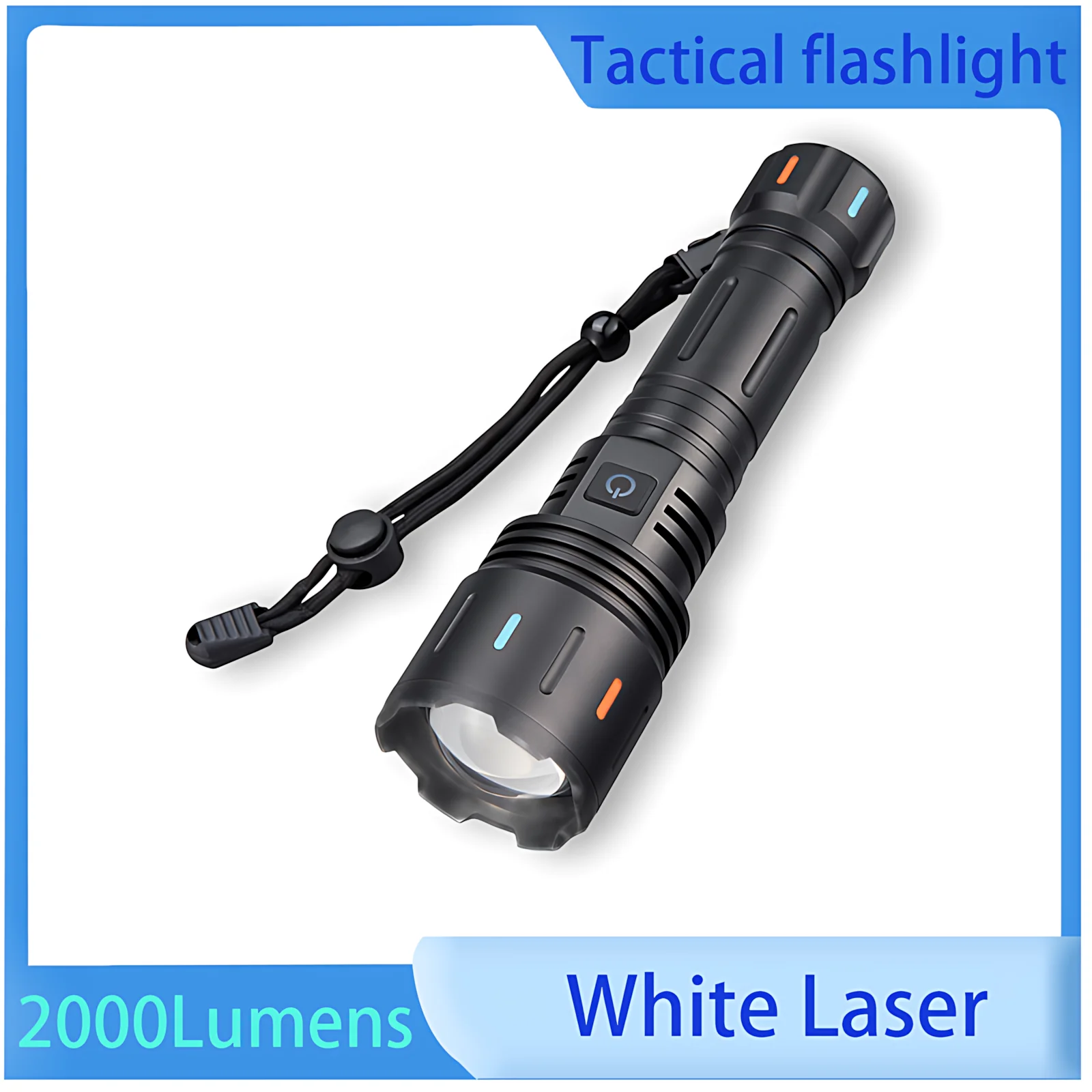 2000 Lumens White LED Tactical Flashlight 30W, 1500m Beam Distance, 5 Modes Zoomable, IPX6 Waterproof, Type-C Rechargeable for Outdoor Hunting Hiking
