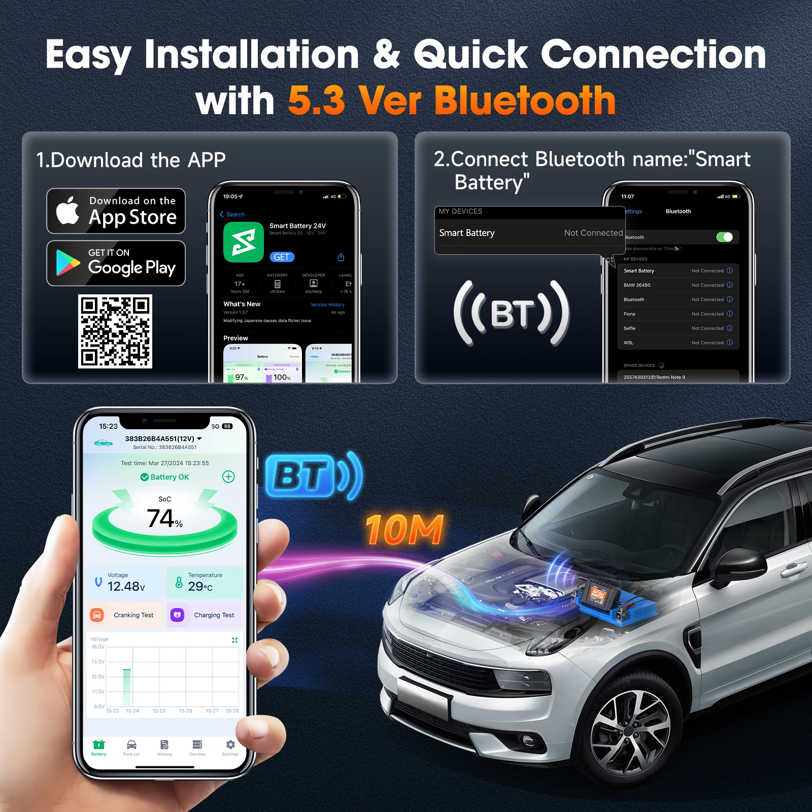 ANCEL BM300 Pro 6V 12V 24V Battery Test Bluetooth 5.3 Battery Monitor with Charging Cranking System Test & Alarm for Cars