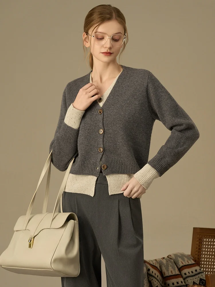 

Вязаный свитер Liang Town LD·OJ из шерсти, с V-образным вырезом, в стиле фэлтинг, имитация двухслойного кардигана, мягкий, теплый, длинный, женский трикотаж