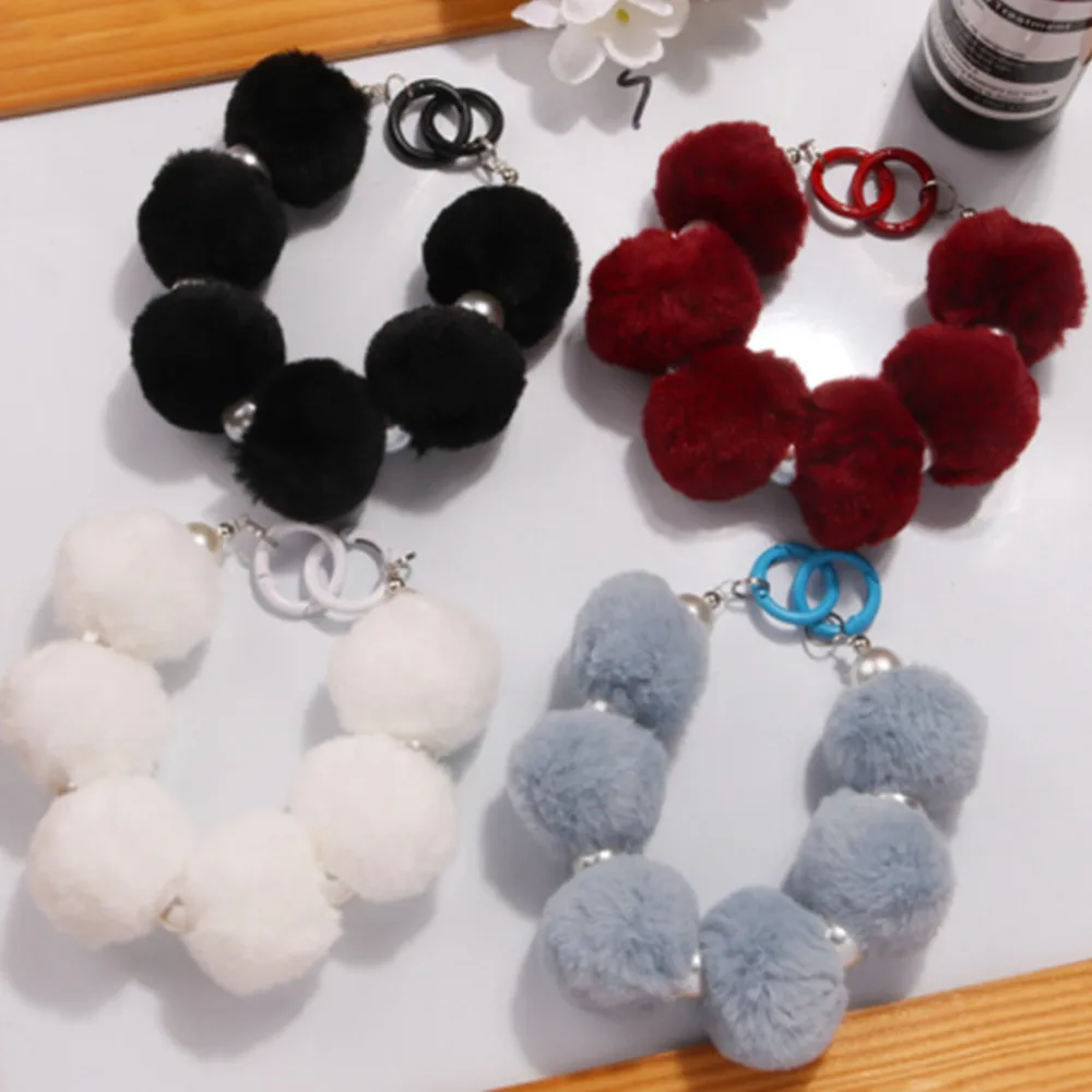 Sweet Plush Colored Ball Chain Fur String Balls Key Chain Phone Case Decoration Bag Pendant With Imitate Pearl Decor Gift