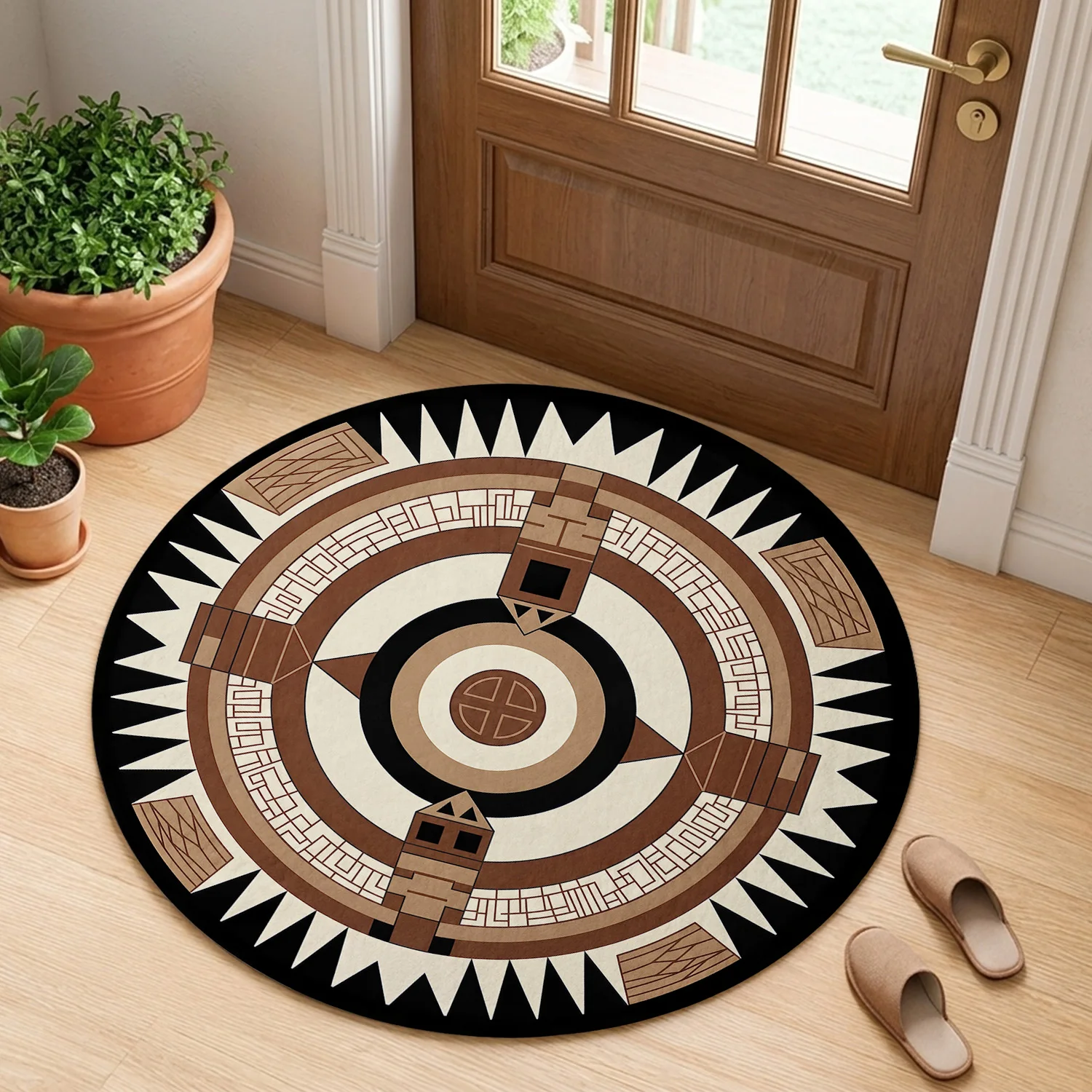 Vintage Compass & Ship Wheel Round Rug, Nautical Navigation Non-Slip Floor Mat, Retro Maritime Circle Carpet for  Living Room