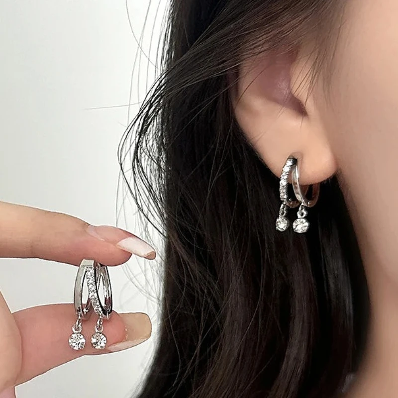 

925 Sterling Silver Charming Zircon Double Layered Round Hoop Earrings for Women Classic Fine Jewelry Minimalist Accessories