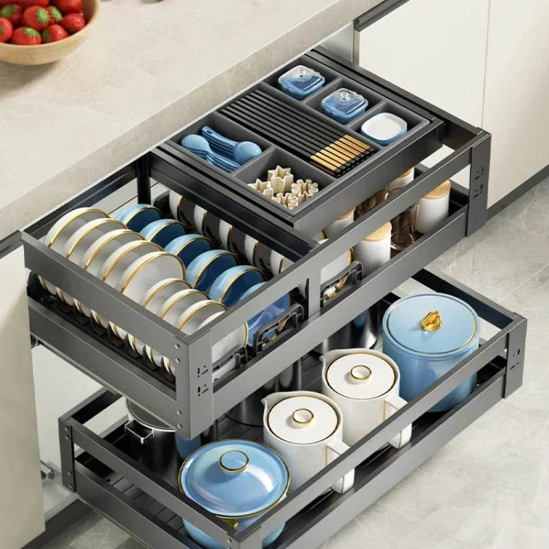 Basket-pulling kitchen cabinet with three-layer drawer-type aluminum alloy deepening cabinet with bowls, chopsticks, pots, pans