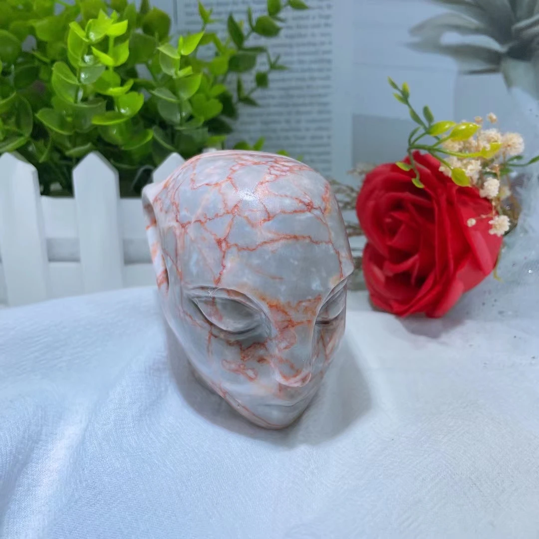 85mm Natural Stone Carved Alien Skull Statue Healing Crystal Red Network Jade Stone Decoration Gemstone Spiritual Collection 1pc