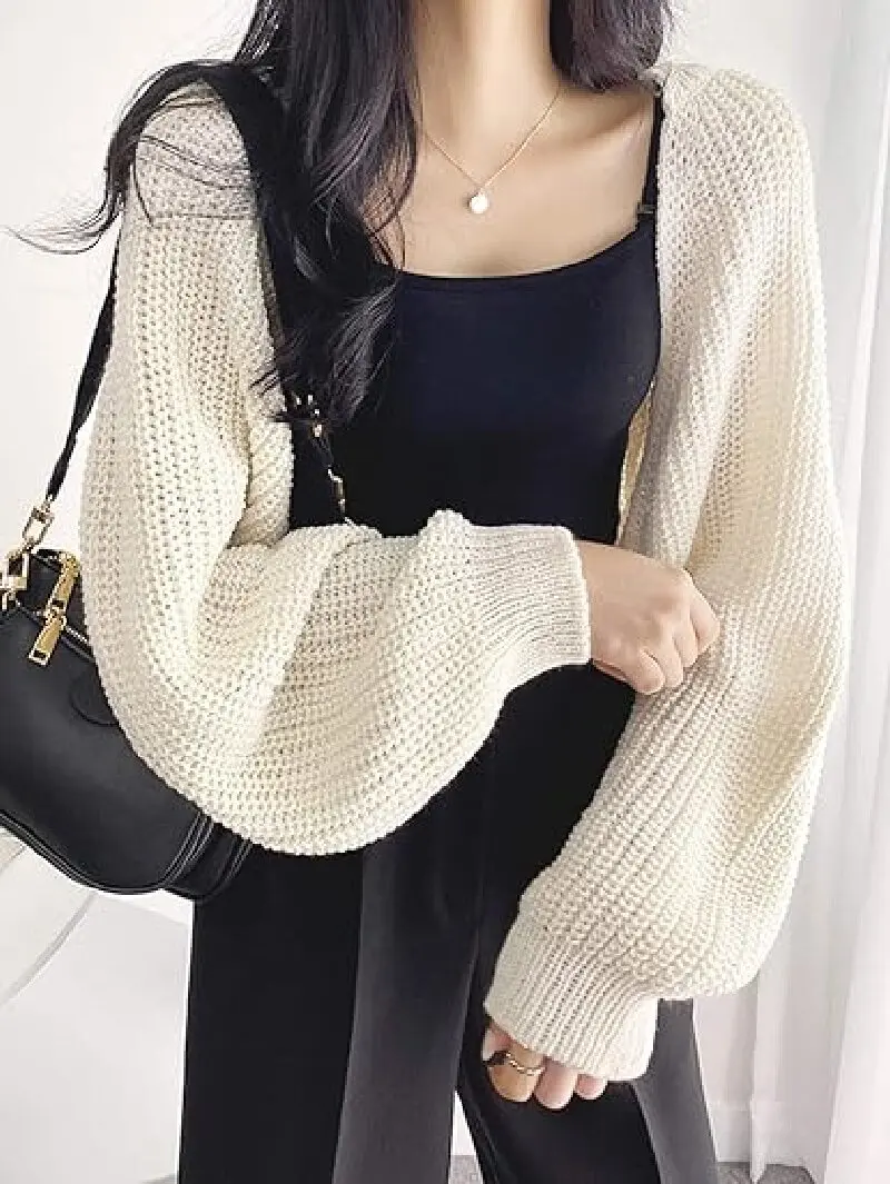 Cropped Solid Knit Sweater  Open Front Long Sleeve Sweater  Women\'s Clothing