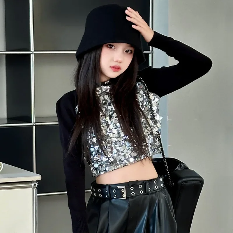Mädchen Hip Hop K-pop Pailletten Crop Top Glänzende PU Leder Hosen Street Dance Kostüm Kinder Streetwear Kinder Jazz Bühne kleidung Set