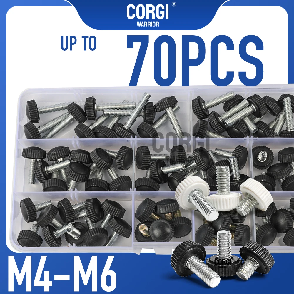 M4 M5 M6 Threaded Knurled Thumbscrew Screws Assortment Set up to 70 Black White Round Grip Knobs Carbon Steel Thumb Screw Kit