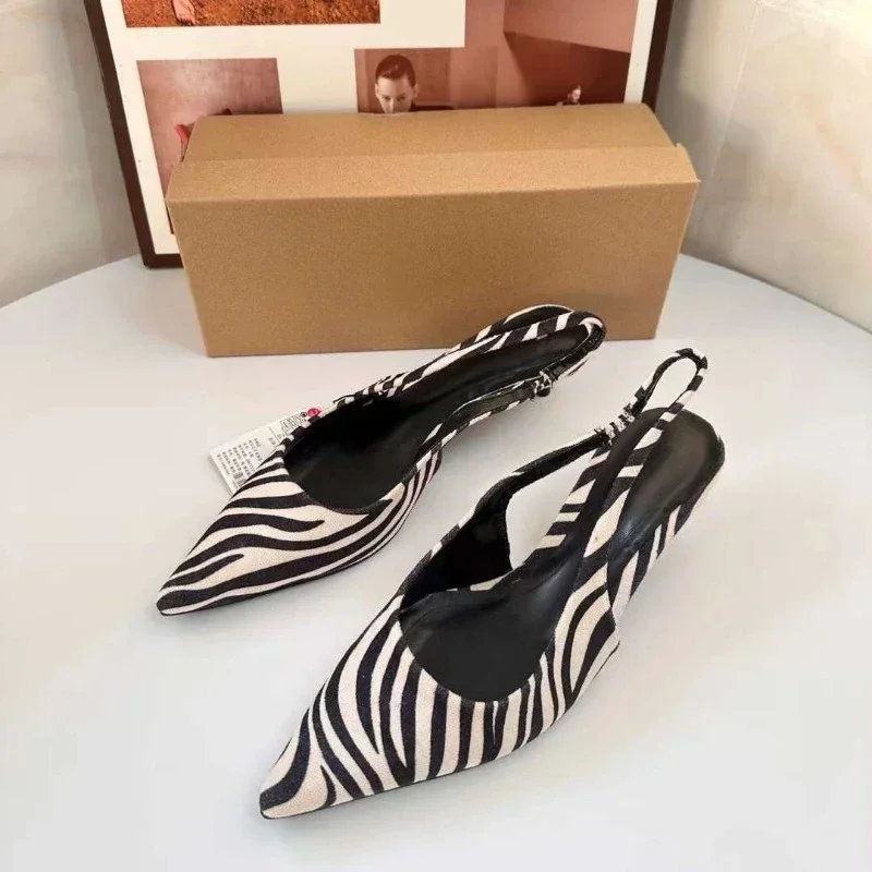 Bold and Stylish Pattern Women\'s Mid-Heel Sandals, Casual Slip-On with 3cm-5cm Heels 2025 Spring Sexy Slingbacks Ladies Shoes