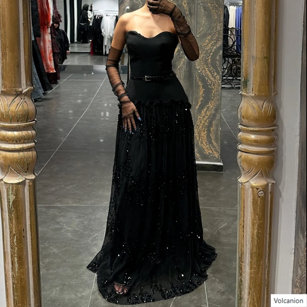 

Customized A-line Evening Dresses Floor-length Strapless Sleeveless Prom Gown Fashion Sequined Sashes Simple Draped Party Gown
