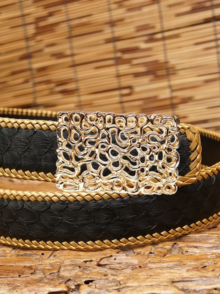 Luxury Mens Genuine Leather Snake Skin Belt Long Business Casual Fashion Weave Serpentine Belt Male