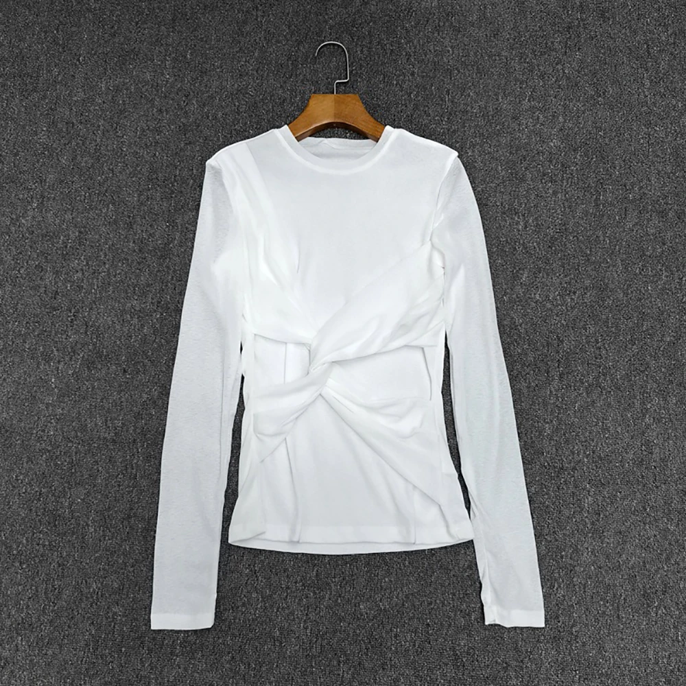 Twist-Detail Women's T-Shirt Y2K-Inspired Pleated Slim-Fit Elegant Commuter Crewneck Long-Sleeve Base Layer Top 2025 Fall New