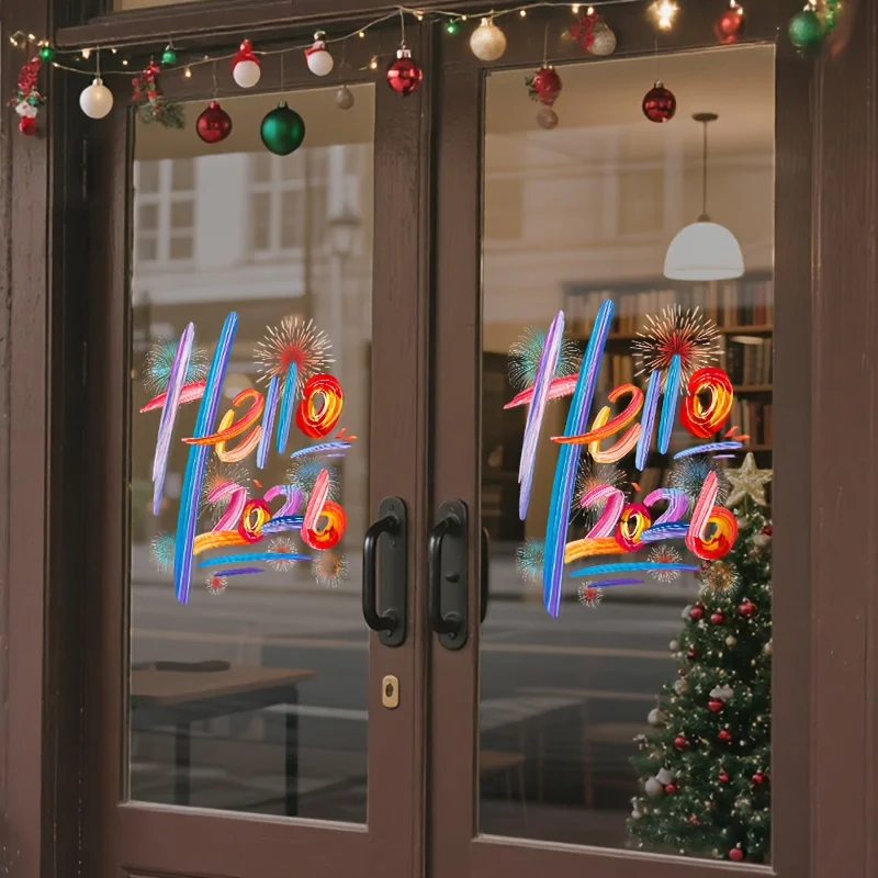 ملصقات السنة الجديدة لتزيين العطلات Hello 2026 ملصقات تزيين النوافذ