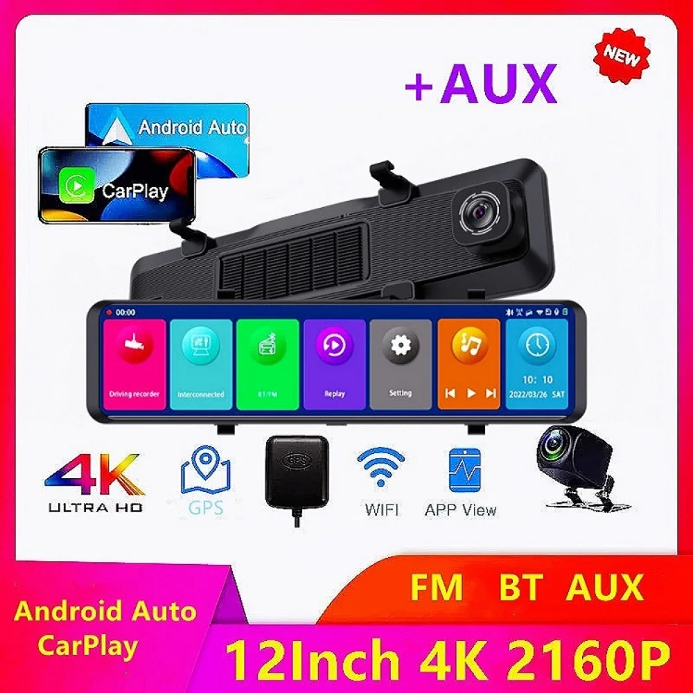 

Dash Cam 4K 3840*2160P Car Mirror Video Recording Carplay & Android Auto Wireless Connection 5G WiFi GPS FM AUX Rearview Mirror