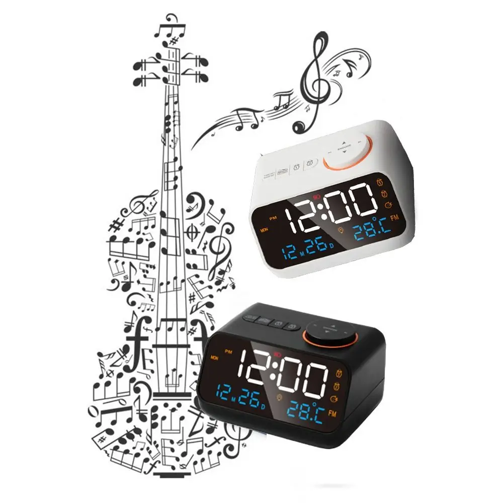 

Adjustable Volume FM Radio LED Alarm Clock Thermometer Hygrometer Digital Table Calendar Connectable Earphones Voice Control