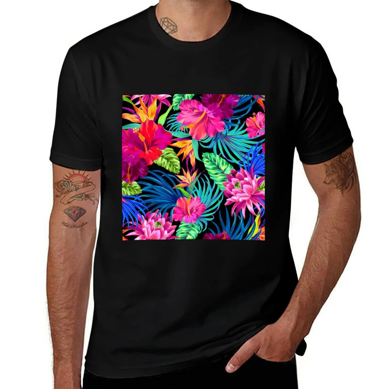 Drive You Mad Hibiscus Pattern T-Shirt Basic Simple Design Short Sleeve Shirt
