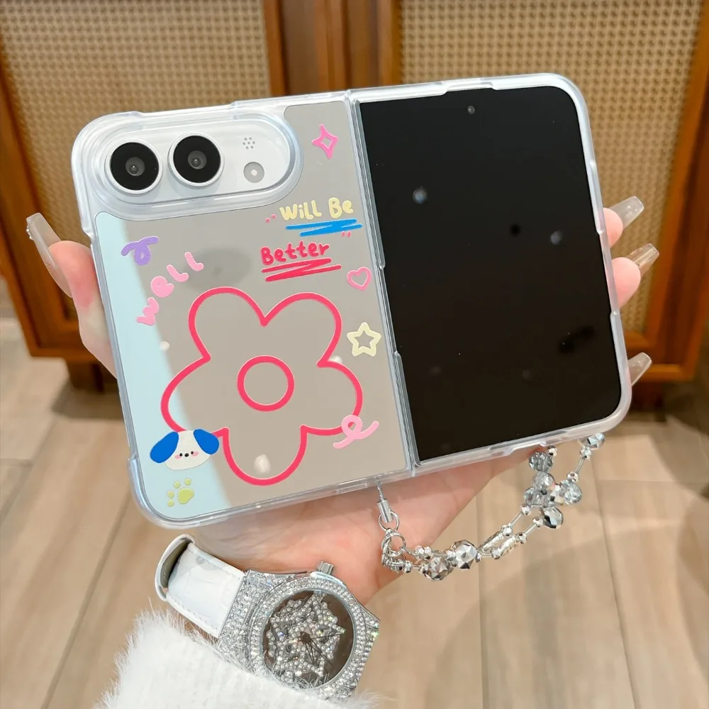 Cute Mirror Back with Wrist Strap Clear Phone Case for IPhone DUO  18 Fold PC+TPU Shockproof Anti Scratch Protective Cover