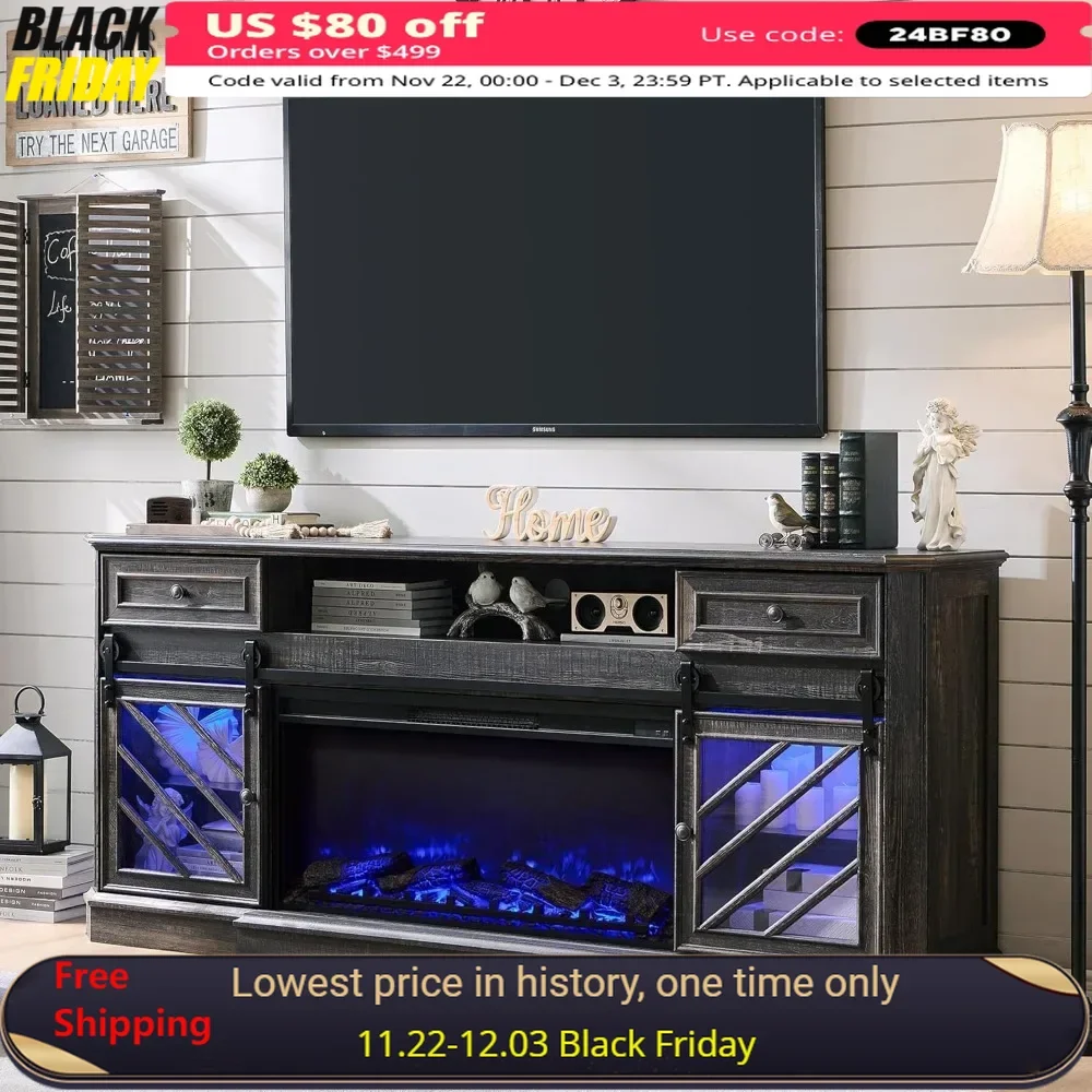 TV Stand for 85 Inch TV Modern Media Console with Drawers Storage & 36” Electric Fireplace 32” Tall Highboy Entertainment Cente