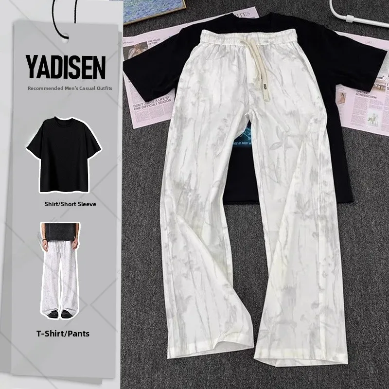 

White Dyed Ice Silk Dstring Casual Pants Summer Set for Men Qui Dry American Sle Long Pants Straight Leg mid Low Waist