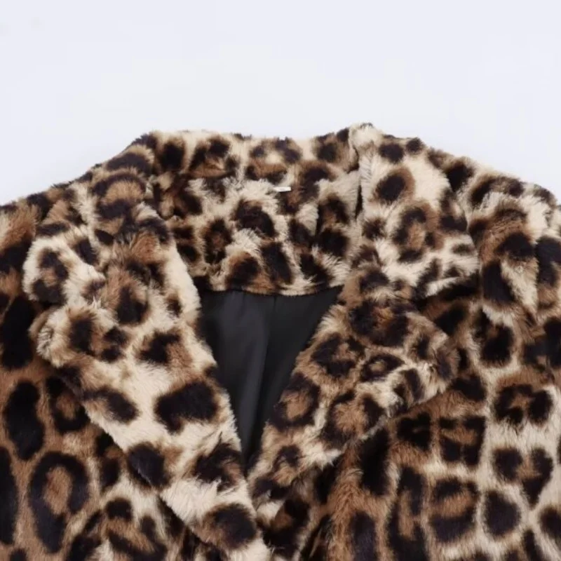 레오파드 프린트 패션 여성 인조 모피 코트 라펠 럭셔리 두꺼운 따뜻한 겨울 여성 루즈 롱 슬리브 재킷 스트리트웨어