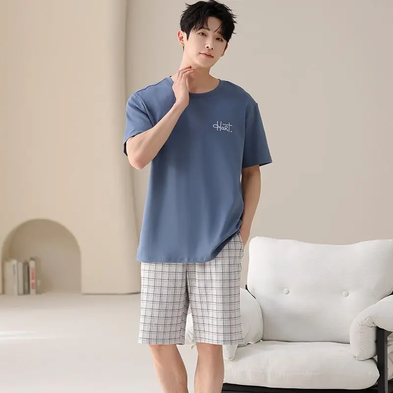 

2026 Summer Short Sleeve 100% Cotton Pajama Sets for Men Korean Loose High Quality Sleepwear Pyjama Homewear Male Home Clothes