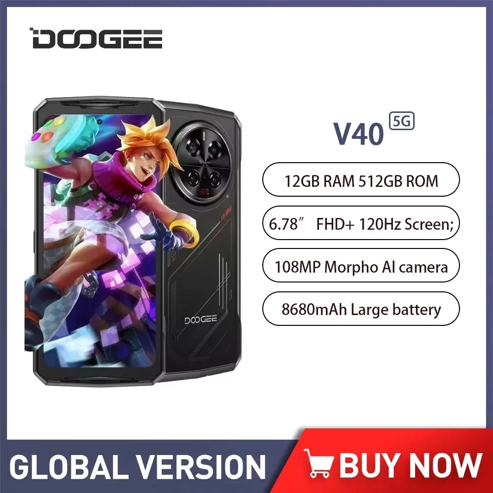 DOOGEE V40 5G Rugged Phone 6.78 Inch FHD 120Hz Display 12GB 512GB Gaming Smartphone Android 14 8680mAh 108MP Al Camera NFC