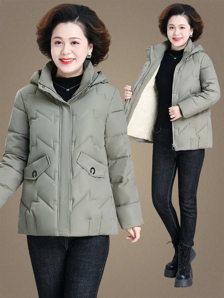 

Thiened ort down Cotton Jaet for Middle-Aged And ly Women with Hood Casual Warm Windproof Zipper Closure Coat