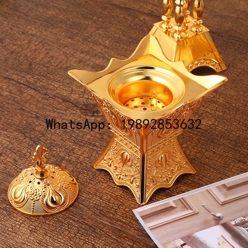 

PYJ incense burner aromatherapy table gold-plated classic four-corner incense burner exquisite metal charcoal incense burner