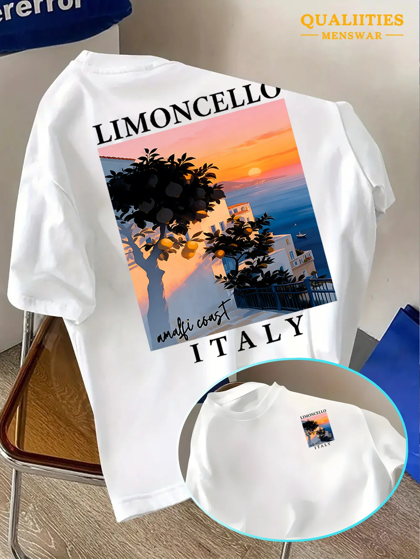 Sommerliches neues Design mit Zitronenbaum- und Sonnenuntergang-Meeresblick-Muster, lockeres Herren-T-Shirt, geeignet für den täglichen Freizeitgebrauch. 100% Baumwollmaterial