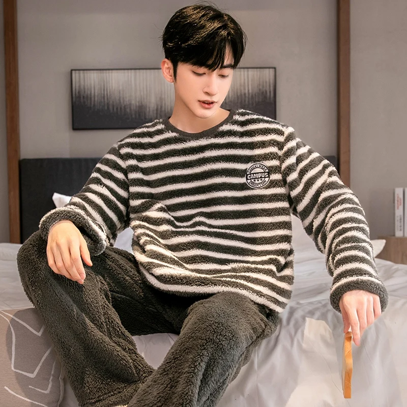 2024 Winter Long Sleeve Thick Warm Flannel Pajama Set For Men Korean Loose Casual Striped Sleepwear Pyjama Homewear Home Clothes