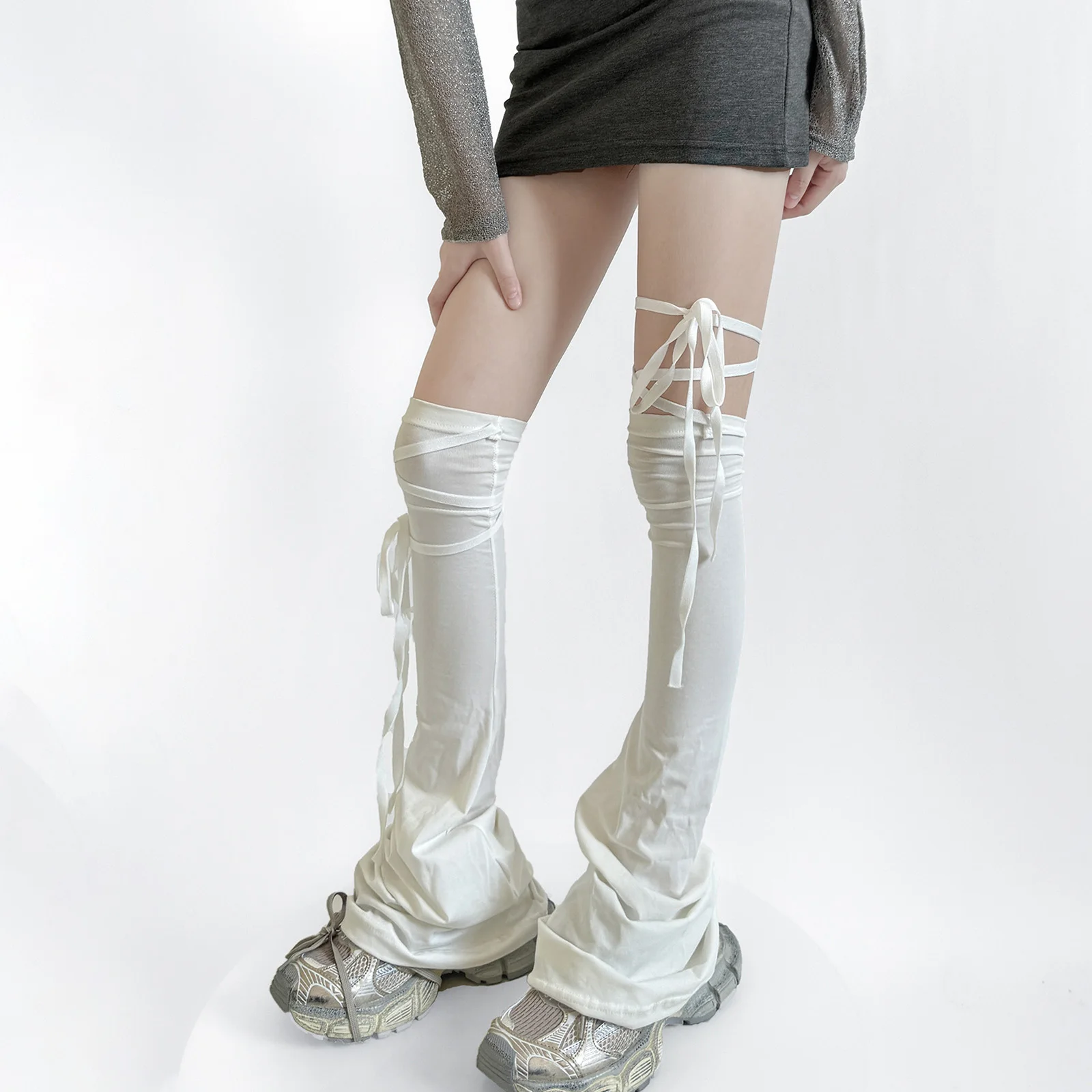 Y2k Women Leg Warmer, Soft Solid Color Over The Knee Tie-up Thigh-high Leg Warmers Socks for Party Street