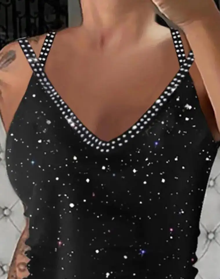 Moda damska koszulka na ramiączkach Camisole Glitter Rhinestone dekolt w serek Top na ramiączkach pasek krzyżowy kamizelka dla kobiet strój do klubu